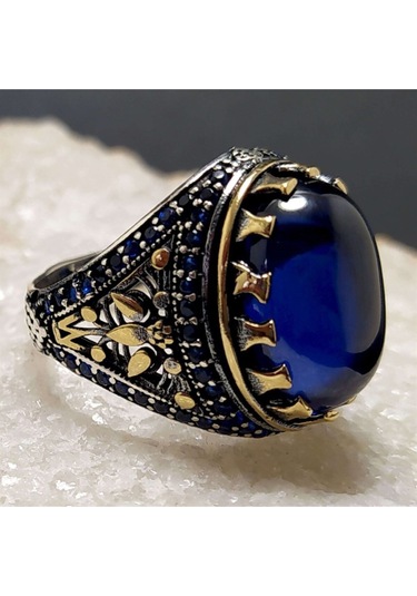 Safir Taşlı Otantik Tasarım Gümüş Erkek Yüzük