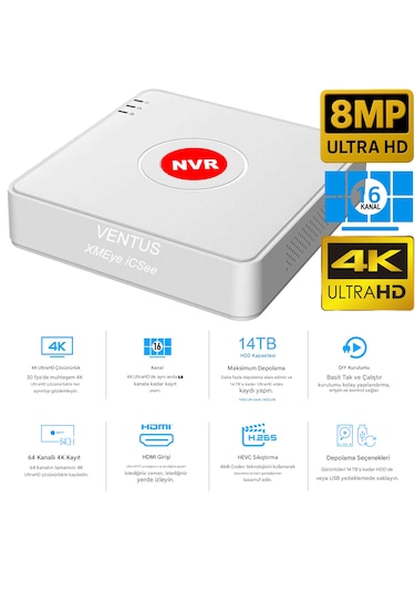 Ventus 8mp Xmeye İcsee 16 Kanal Kayıt Cihazı Nvr 4k