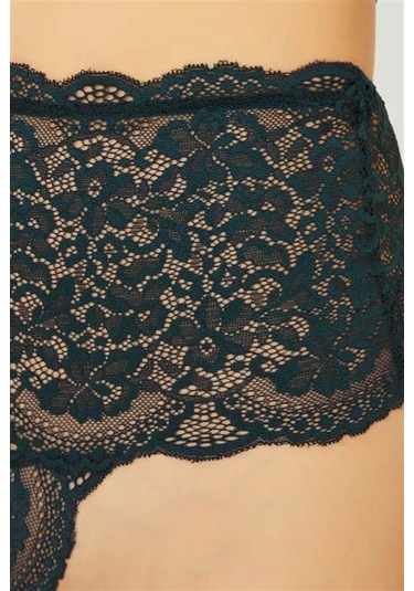 Tenan Yeşili Dantelli Lastik Detay Yüksek Bel Kadın Tanga Külot T.Yeşili