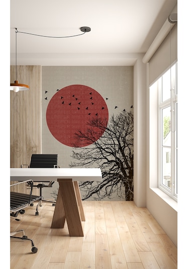 Kırmızı Güneş Önünde Kuşlar Poster Duvar Kağıdı Renkli