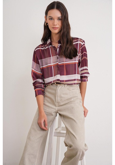 4751 Kadın Ekose İnce Saten Gömlek Bordo Bordo