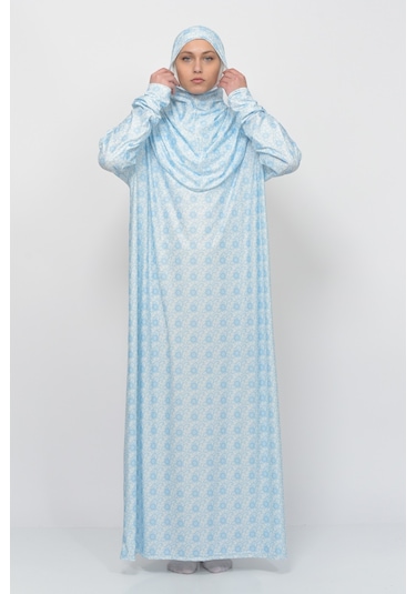 Pratik Tek Parça Güneş Desenli Kollu Tak Çıkar Başörtülü Likralı Tesettür Namaz Elbisesi 990-0302 Mavi Antrasit