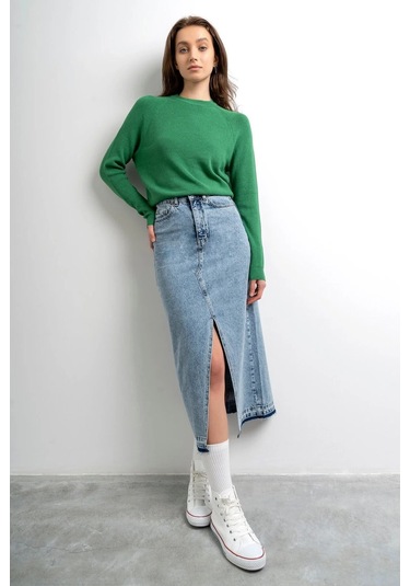 Kaizer Denim Kadın Ortadan Yırtmaçlı Etek Buz Mavi