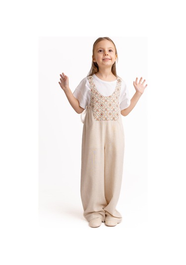 Roba Komple Nakışlı Keten Salopet Natürel Naturel Bej