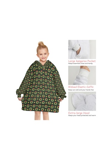 Noel Temalı 6-13 Yaş Çocuk Giyilebilir Battaniye Hoodie, Kalın Peluş, Büyük Boy-a25 Krem - Pembe