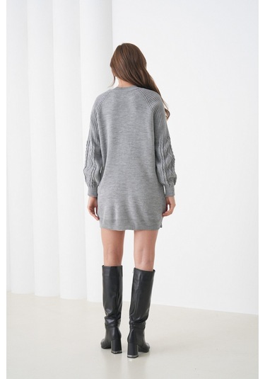 Kadın Kolları Uzun Kendinden Dokulu Bisiklet Yaka Tunik Boy Şık Kışlık Triko Büyük Beden Kazak Gri