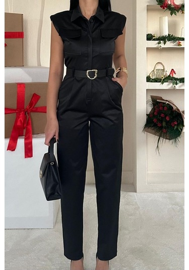 Ahes Shopping Siyah Vatkalı Kemerli Tulum Siyah