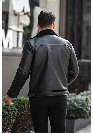 Erkek Napa Deri Içi Full Kürklü Yüksek Kalite Slim Fit Siyah Mont & Ceket Siyah