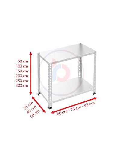 Rafburada 2 Katlı Galvaniz Çelik Raf - Depo, Arşiv, Kiler, Dosya, Market Rafı-31x60 cm-50 cm-0.70 mm