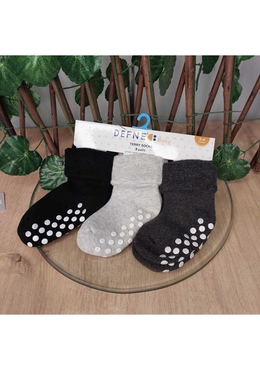 5-6 Yaş 3 Çift Havlu Pamuklu Kaydırmaz Taban Kışlık Erkek Çocuk Ve Bebek Soket Çorap-597 Siyah