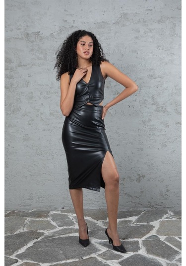 Siyah Yırtmaçlı Deri Etek - Siyah