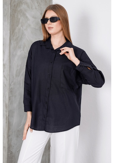 Paw Garage Kadın London Keten Tek Cepli Oversize Gömlek, Premium Kalite Keten Gömlek Siyah