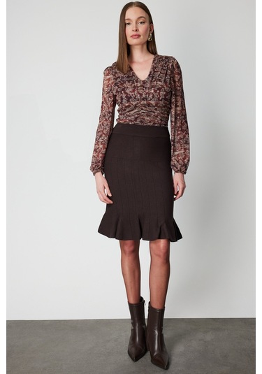 On Kadın Eteği Pileli Diz Üstü Triko Etek 65200 Kahverengi Kahverengi