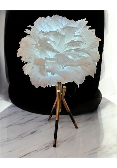 Tüylü Dekoratif Tripotlu 3'lü Ayaklı Abajur - Beyaz Beyaz