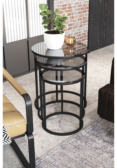 Dekoport Milas Zigon Sehpa Yan Sehpa Küçük Ölçü 38 - 31 - 26 Cm Siyah Füme