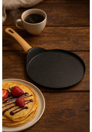 Siyah Granit Krep Tavası 24 Cm Yanmaz Yapışmaz Yüzeyli, Ergonomik Saplı Döküm Krep Tava Gri