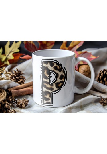 P Baş Harf Leopar Desenli Kupa Bardak - Kişiye Özel Feminen Konsept Hediye - Vahşi Hayvan Desenli Beyaz