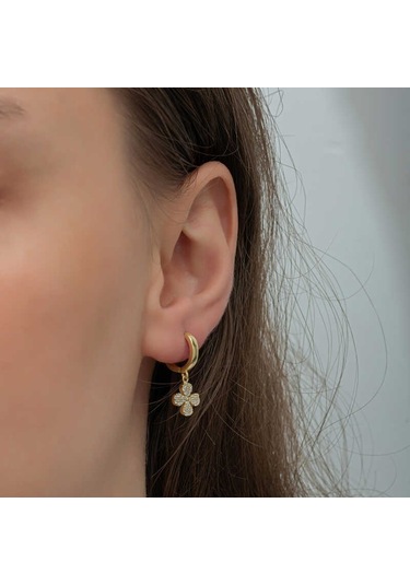 Aya Diamond Gümüş Gold Sallantılı Yonca Kadın Küpe Gold