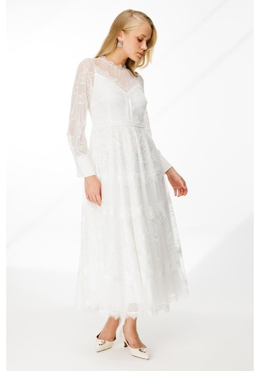 Dantel Detay Bej Astarlı Maxi Boy Abiye Elbise Nefeli Beyaz