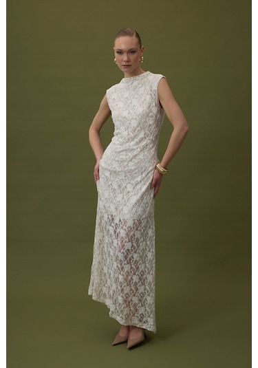 Sateen Dantel Kolsuz Elbise - Bej-137061 Bej
