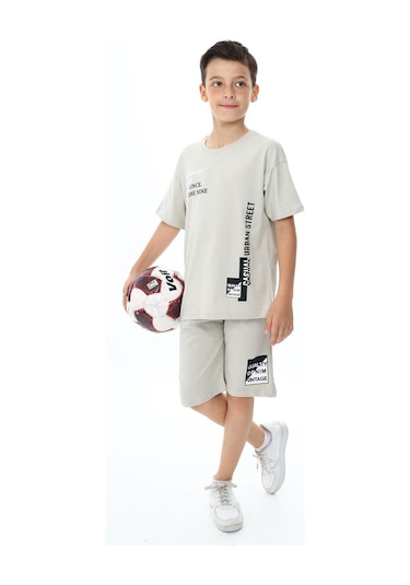 Erkek Çocuk Yazı Baskılı Kısa Kollu Şortlu Takım-5850-Gri