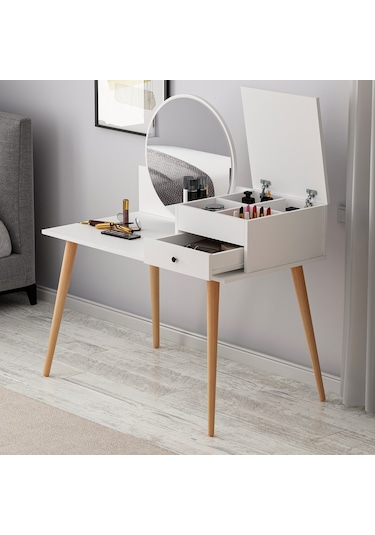 Angel Aynalı Fonksiyonel Makyaj Masası – Çekmeceli ve Gizli Takı Bölmeli, Beyaz