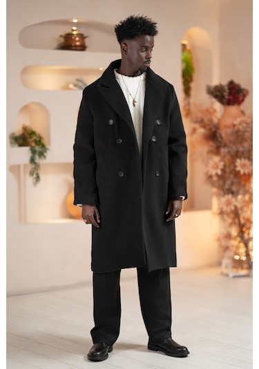 İtalyan Geniş Yaka Oversize Bol Kesim Salaş Uzun Kaban Siyah