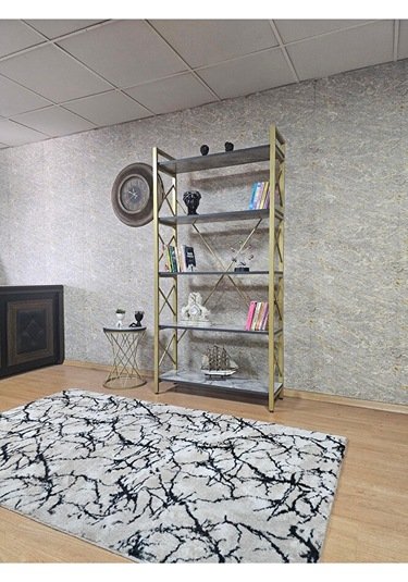 Gold Boyalı Kitaplık - 5 Raflı Suntalem Lüks Kitaplık Marmol Çok Renkli