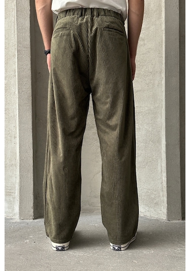 Erkek Pileli Baggy Kalıp Kadife Pantolon Haki