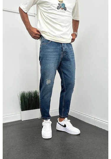 Boyfriend Lazer İşlemli Kot Erkek Pantolon Mavi