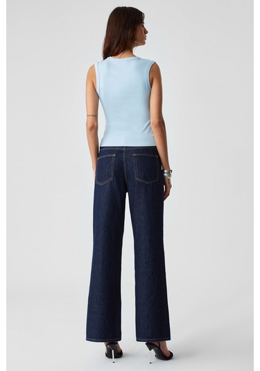 GRIMELANGE Lescosa Kadın Slim V Yaka Kolsuz Mavi T-shirt Mavi