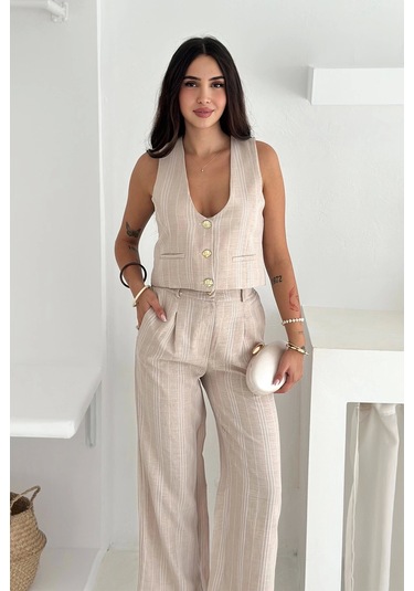 Çizgili Kumaş Yelek Takım Krem Krem