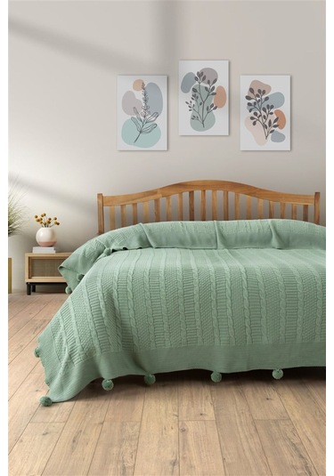 Çift Kişilik Ponponlu Triko Örme Battaniye Mint Yeşili