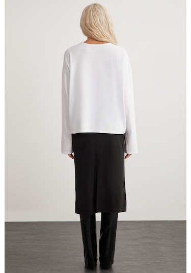 Basıl Kadın %100 Pamuk Bisiklet Yaka Oversize Fit Uzun Kollu Beyaz T-shirt