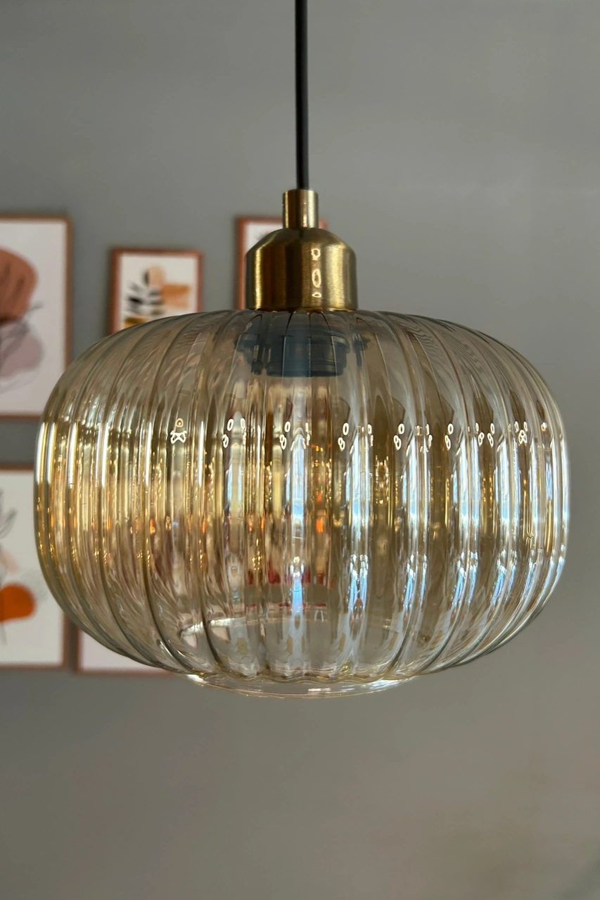 Mola Cam Bal Rengi Tekli Avize Yarım Lale Başlık Retro Sarkıt Lamba Restoran Salon Aydınlatma Bal