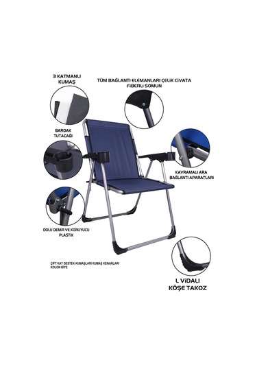 Alin Metal Kamp Sandalyesi 2''li Lüks Bardaklı Kamp Sandalyesi Ve Masa Set Fgt-01 Lacivert Lacivert