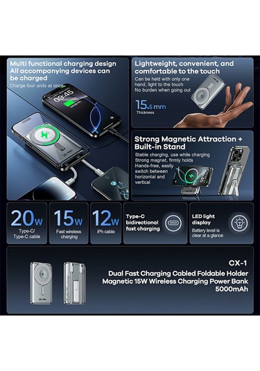 Remax Cx-1 5000mah Güç Bankası Kabloları Katlanabilir Standlı 15w Kablosuz Telefon Şarj Cihazı Gümüş
