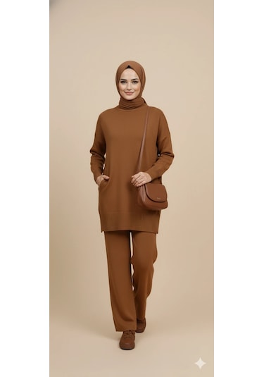 Triko Tunik Pantolon Tesettür Takım Kahve