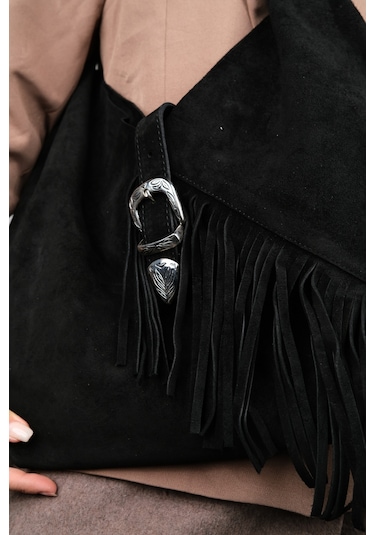 Rosalın Siyah Hakiki Süet Deri Püsküllü Kadın Omuz Çantası Siyah Süet Siyah