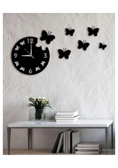 Kelebek Tasarimli Dekoratif Duvar Saat Siyah