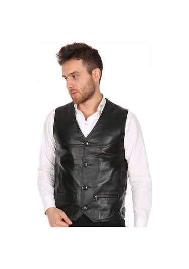 Deriwork Hakiki Deri Siyah Casual Düğmeli Erkek Deri Yelek Siyah