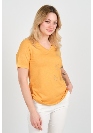 Ella Camelia Kadın Kelebek Şekilli Taş Süslemeli V Yaka Kısa Kollu Bluz 24e047 Hardal HARDAL