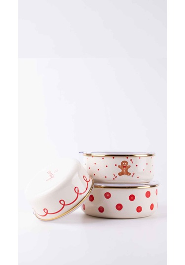 Merry Yılbaşı Özel Emaye Üçlü Saklama Kabı Seti Krem