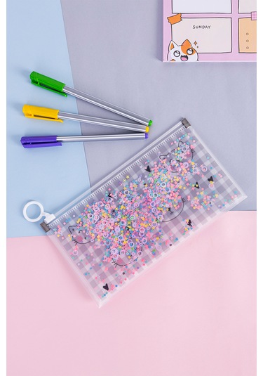Simli Şeffaf Kalem Çantası - Kedi Desen