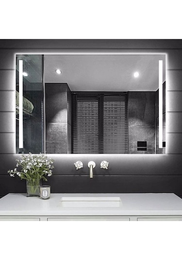 Nuun Dekor 80x60cm Beyaz Led Işıklı Banyo Aynası Kumlamalı - Trafolu Beyaz