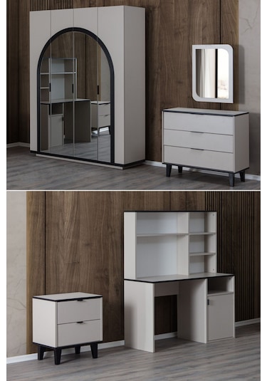 Hira Oda Takımı - Hira 4 Kapaklı Dolap, Bali Çalışma Masası, Şifonyer, Komodin Çok Renkli