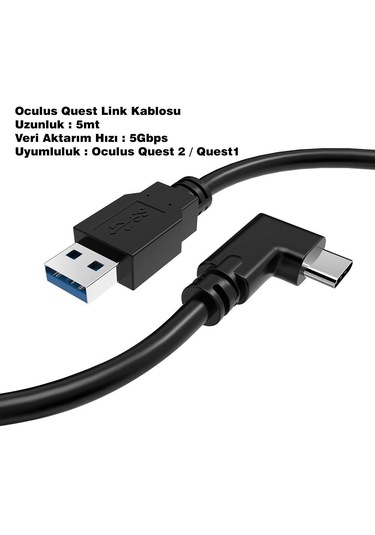 5 Metre Vr Bağlantı Kablosu Usb-c Usb-a 90 L Tipi Hızlı Ve Düşük Gecikmeli Data Kablo Vr Gözlük Uyumlu Esnek & Dayanıklı