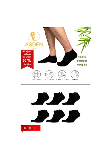 Asden Bambu Erkek Patik Çorap Siyah 6 Lı, Dikişsiz, Soft Yıkamalı Çok Renkli