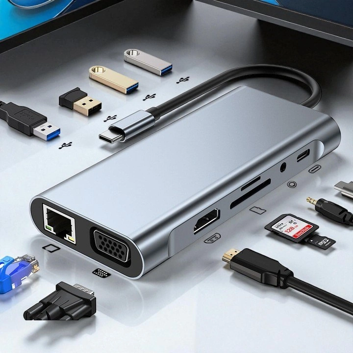 Technow Type-c To Hdmı Rj45 Type-c Sd Kart Usb 3.0 X 2 Vga Macbook 11in1 Çevirici Adaptör