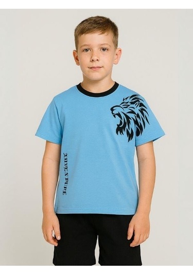 Çocuk Aslan Baskılı Pamuklu Oversize T-shirt-16014 Mavi